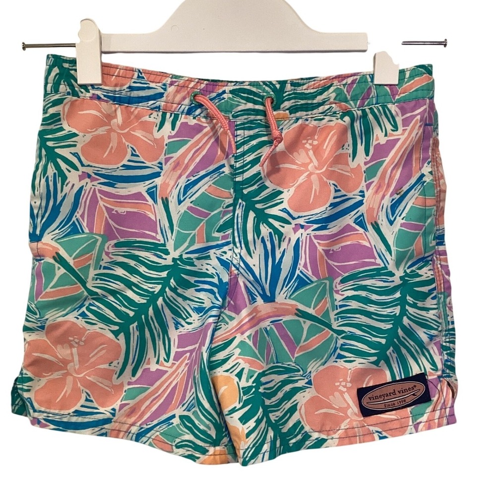 Vineyard Vines Boys Swim Trunks Tropical Palm Green Teal Orange - Size 5